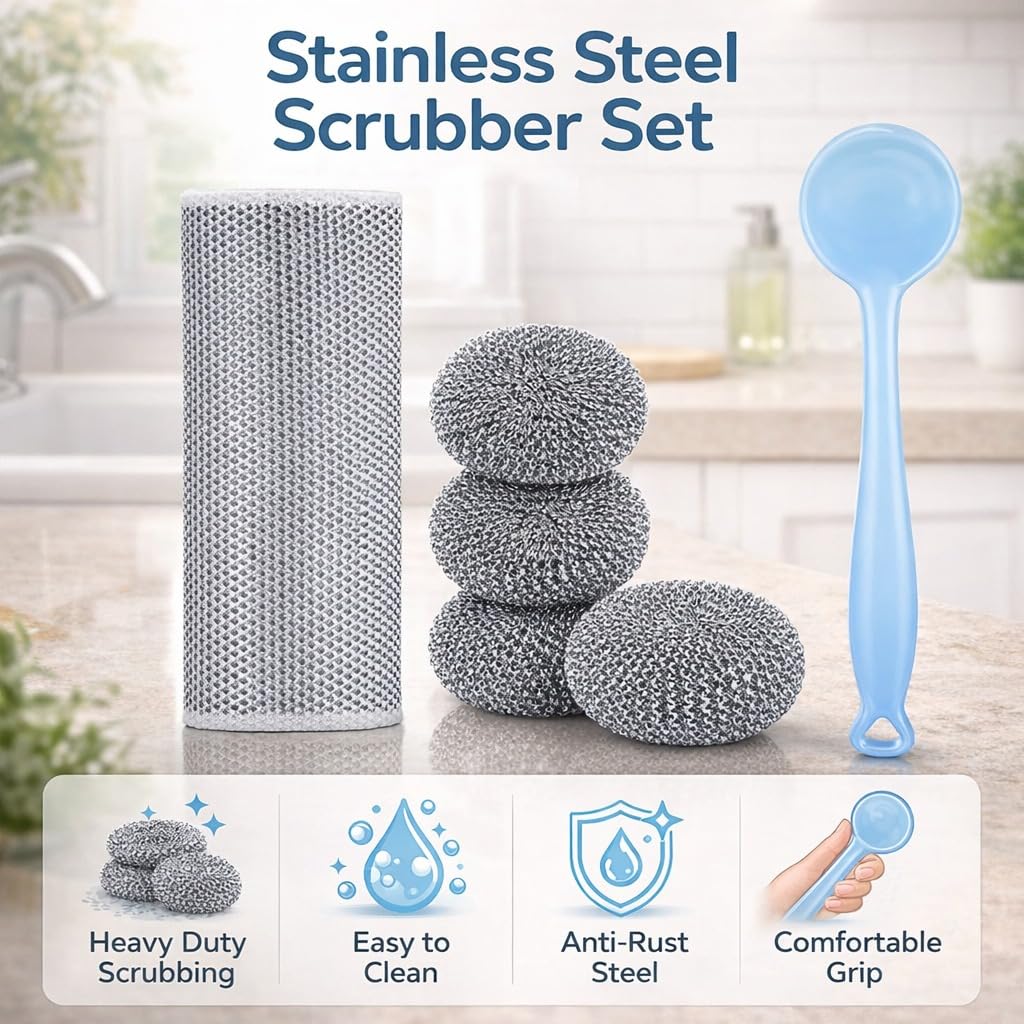 Stainless Steel Scrubber Sponge Set, 8-Piece Wire Scouring Pads with Long Removable Handle for Pots, Pans, Dishes and Kitchen Cleaning, Blue - image 2
