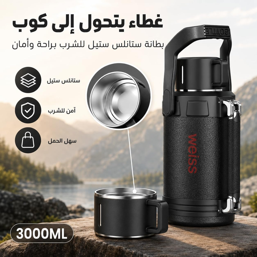 Water Bottle 3L, 316 Stainless Steel Vacuum Insulated Large Flask with Leakproof Lid, 24-Hour Cold Retention for Hot and Cold Drinks, Camping, Office and Home, F-1523, Black - image 5