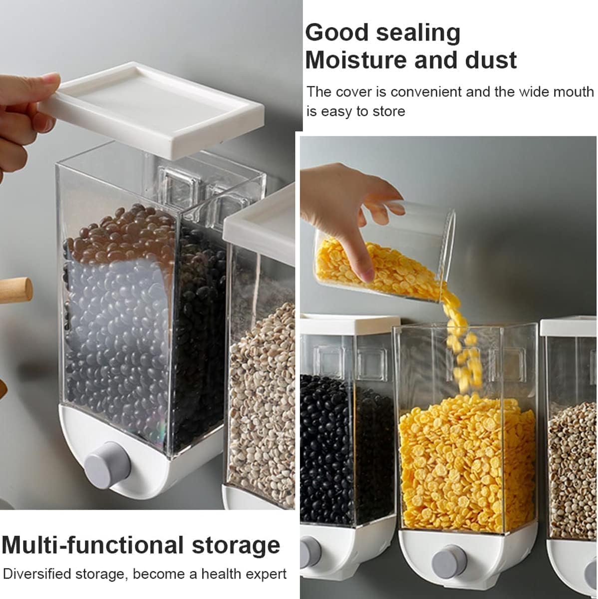 Cereal Dispenser Wall Mounted Rice Container, Airtight Grain Storage, Portion Control, Double Outlet, 1 L, One-Touch Serving Kitchen Organizer (3 PCS) - image 4