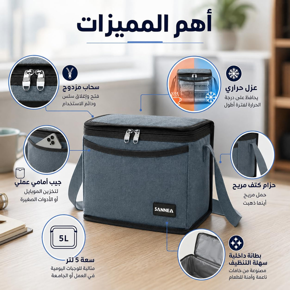 Lunch Bag 5L, Insulated Thermal Cooler Tote with Leak-Resistant Design, Zipper and Adjustable Shoulder Strap for Office, School, Travel and Picnic, BB-540 - image 2