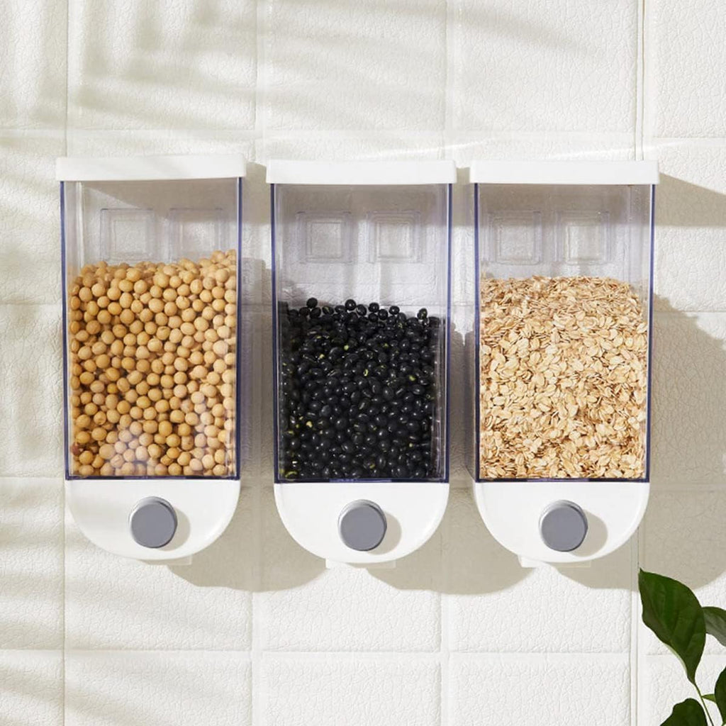 Cereal Dispenser Wall Mounted Rice Container, Airtight Grain Storage, Portion Control, Double Outlet, 1 L, One-Touch Serving Kitchen Organizer (3 PCS) - image 5