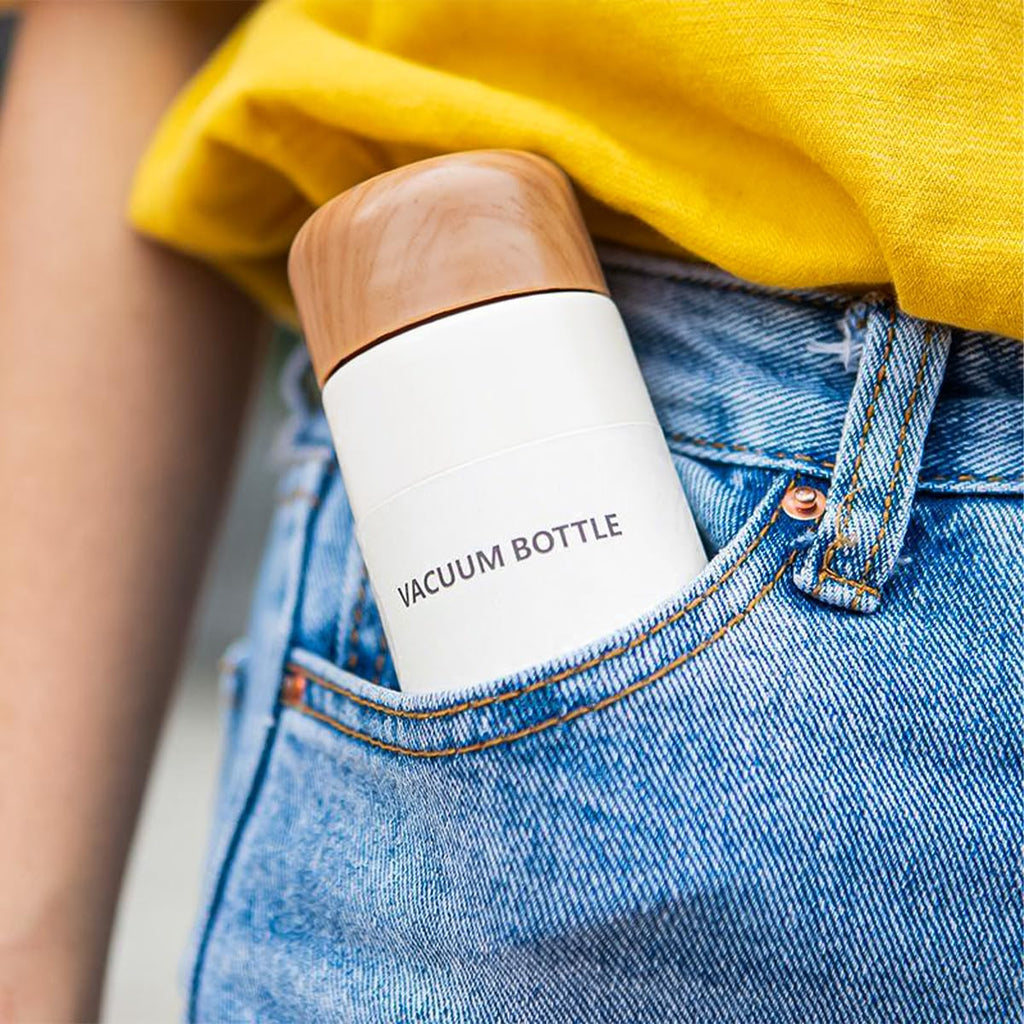 Water Bottle Mini Vacuum Insulated 150ml Slim Stainless Steel Pocket Thermos Wood Grain Portable Travel Mug Leakproof for Coffee Tea Outdoor White - image 6