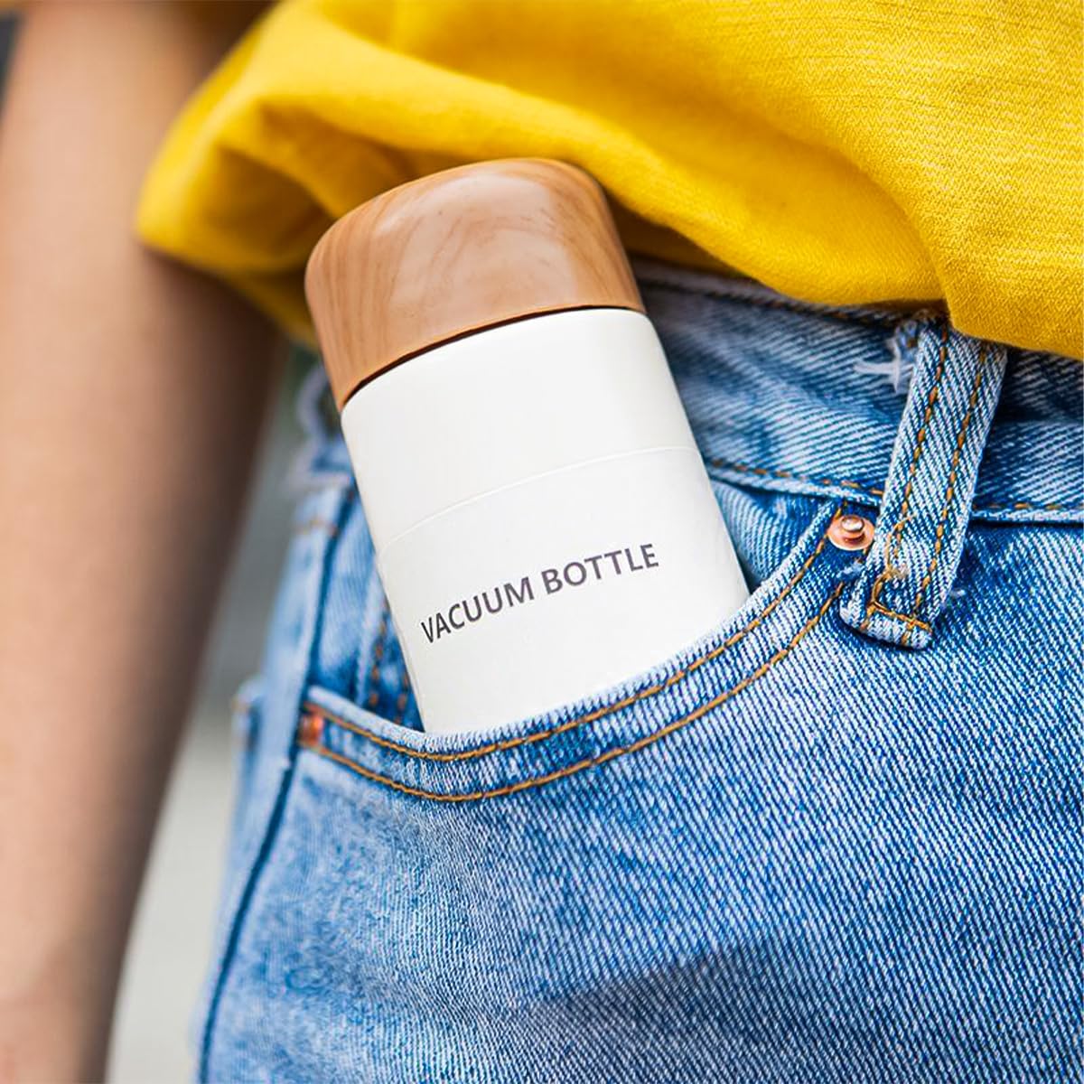 Water Bottle Mini Vacuum Insulated 150ml Slim Stainless Steel Pocket Thermos Wood Grain Portable Travel Mug Leakproof for Coffee Tea Outdoor White - image 6