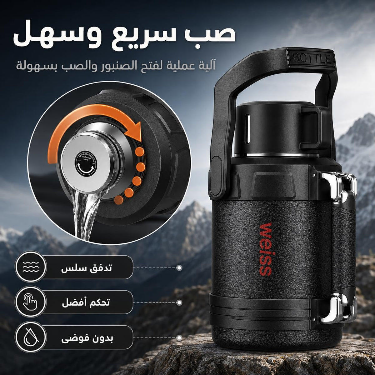Insulated Water Bottle 2.3L, 316 Stainless Steel Vacuum Flask for Hot and Cold Drinks, Large-Capacity Thermal Bottle for Camping, Office, Travel and Home, F-1522 (Black) - image 6