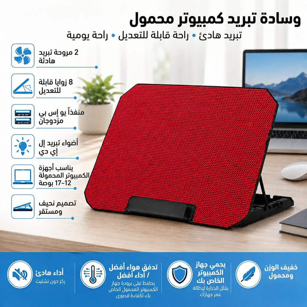 Laptop Cooling Pad with Adjustable Stand, Lightweight ABS and Metal Notebook Cooler with Built-In Fan for Work, Gaming, Office, Home and Travel, ZR650, Red - image 2