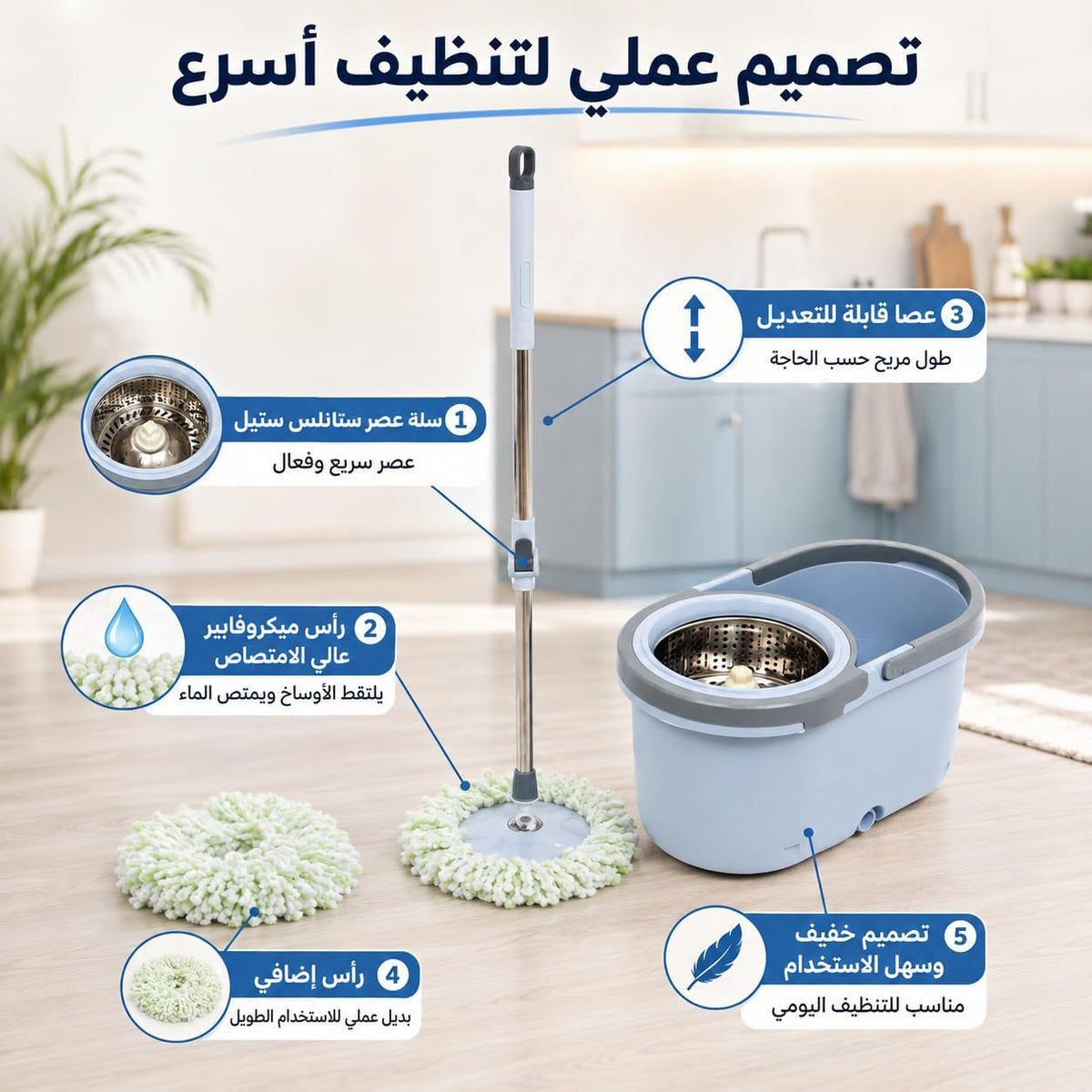 Spin Mop and Bucket Set, 360° Rotating Microfiber Floor Mop with Stainless Steel Handle, Non-Slip Grip for Ceramic, Marble, Tile and Home Cleaning - image 4