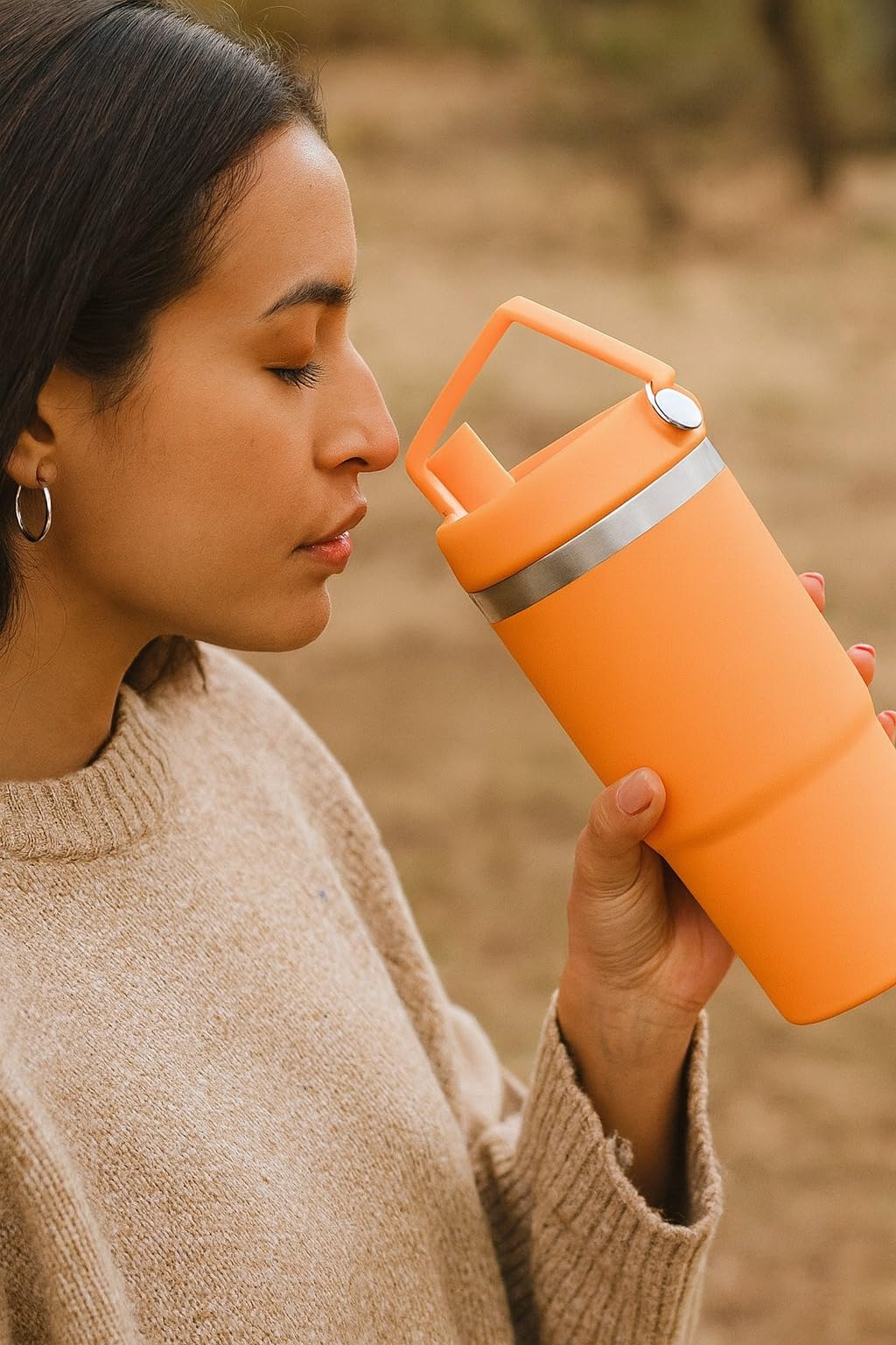 Tumbler 900ml 30oz with Straw Lid and Handle, Stainless Steel Vacuum Insulated Double Wall Mug with Silicone Boot, Hot and Cold Travel Cup (Orange) - image 3