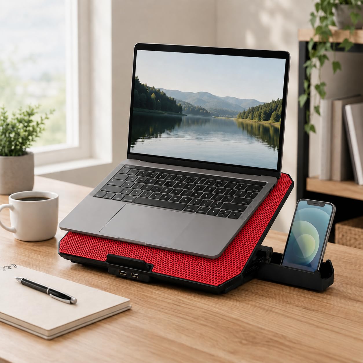 Laptop Cooling Pad, Dual RGB Fans USB Cooler Stand for 12-17 Inch Laptops, Adjustable Angle with Phone Holder, Dual USB Ports, Quiet Anti-Slip Design, Red, ZR700 - image 6