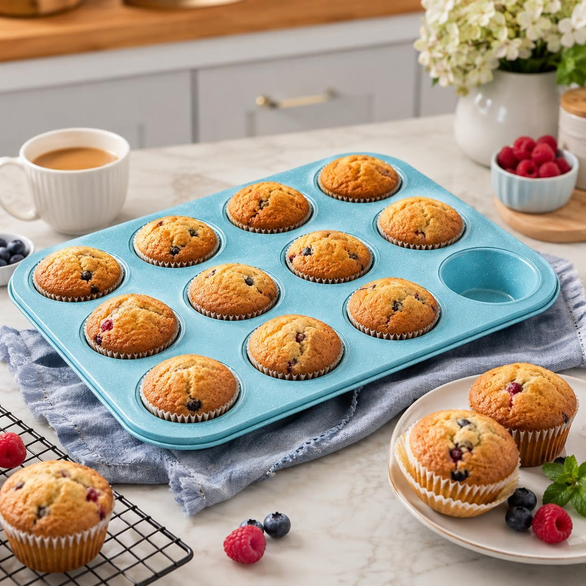 Muffin Pan, 12-Cup Non-Stick Cupcake Baking Tray for Muffins, Cupcakes, Cheesecakes and Desserts, Reusable Oven Bakeware, KK-24 (Blue) - image 7