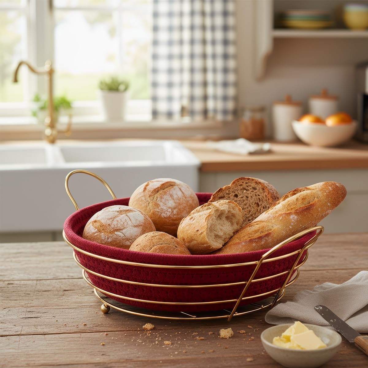 Bread Basket for Table, Metal Wire Holder with Linen Liner, Bread Storage for Loaf Rolls Muffins Cakes - image 6