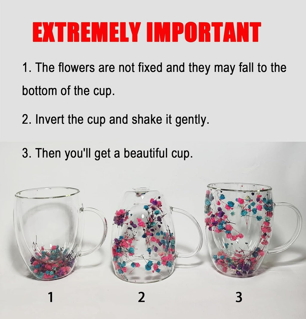 Coffee Mug 350ml, Double Wall Borosilicate Glass Cup with Handle and Colorful Dried Flower Design for Cappuccino, Tea, Espresso, Juice, Hot and Cold Drinks, Clear - image 2