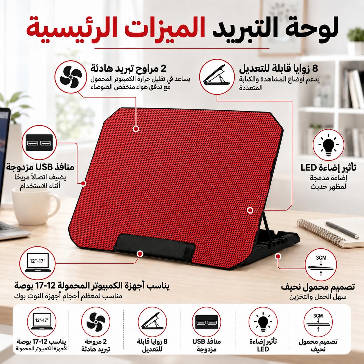 Laptop Cooling Pad with Adjustable Stand, Lightweight ABS and Metal Notebook Cooler with Built-In Fan for Work, Gaming, Office, Home and Travel, ZR650, Red - image 3