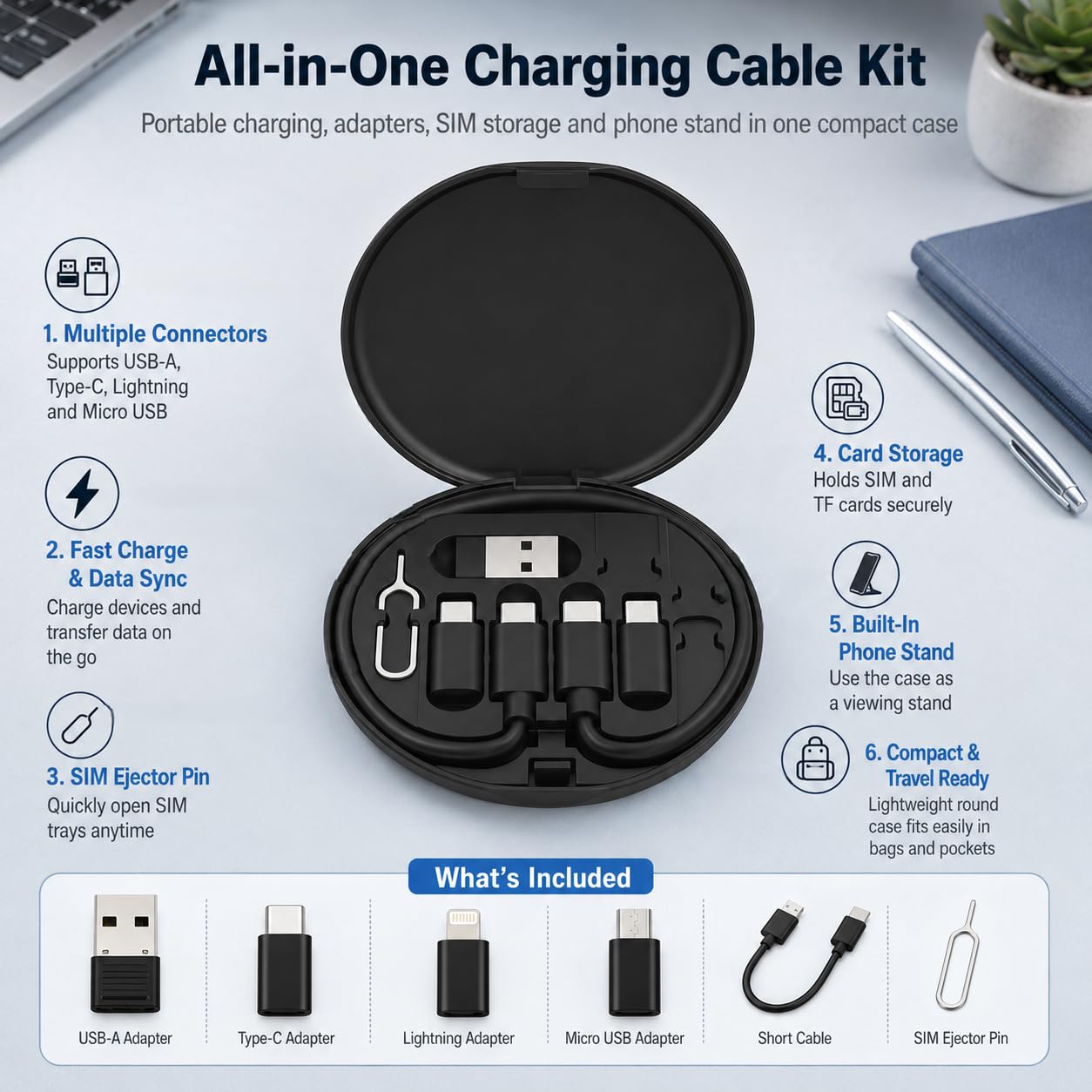 Multi Charging Cable Set, 60W Fast Charging Cable Organizer Box with USB-A, Type-C, Micro USB and Lightning-Compatible Adapters for Phone, Tablet, Laptop, Power Bank and Travel - image 3