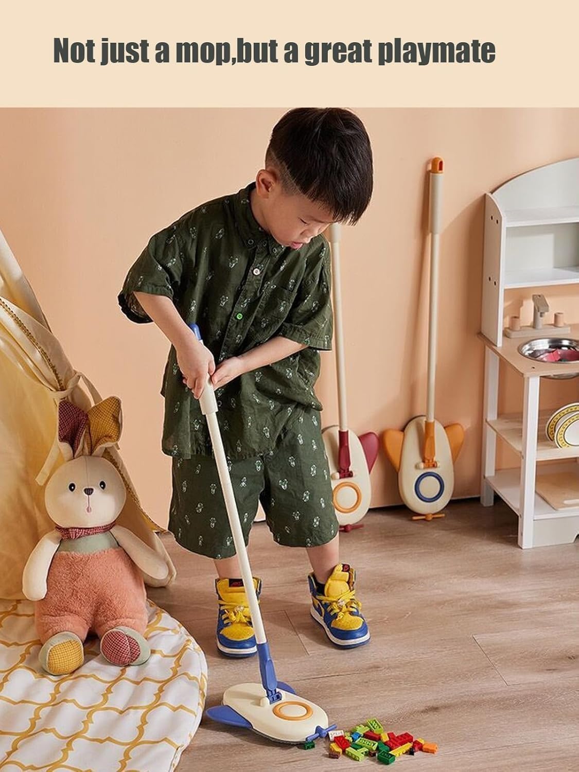 Microfiber Mop For Kids Aircraft Design Flat Mop With Soft Rubber Handle And Dust Cleaning Pad For Holiday Cleaning (Blue) - image 5