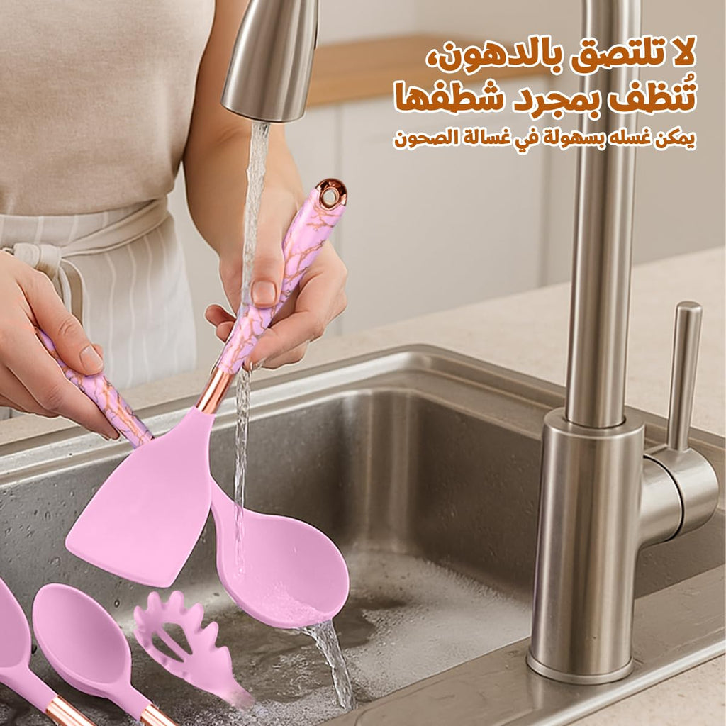 Silicone Cooking Utensils Set 7 Piece Non Stick Heat Resistant Kitchen Tools with Holder for Non Stick Cookware Modern Design (Pink) - image 5