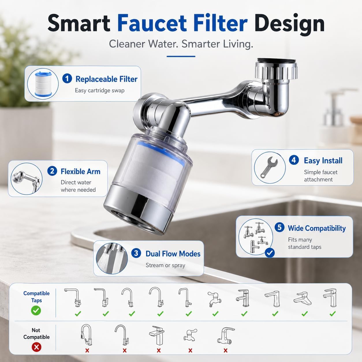 Faucet Extender Aerator, 720° Rotatable Tap Nozzle with Dual Flow Modes, Filter and Anti-Splash Metal Head for Kitchen and Bathroom Sinks - image 3