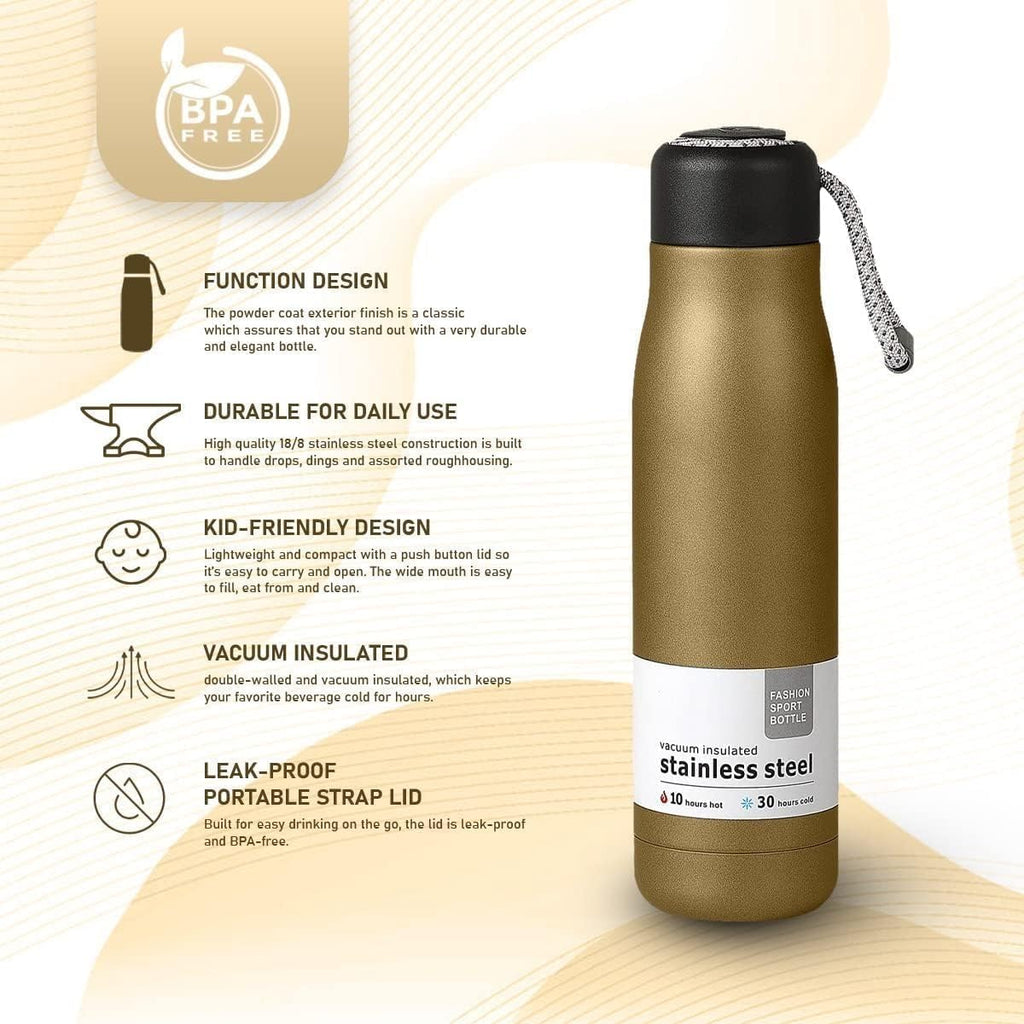 Water Bottle 500ml Stainless Steel Vacuum Insulated Double Wall Leakproof BPA-Free Reusable for Gym School Travel Office Sports (Gold) - image 4