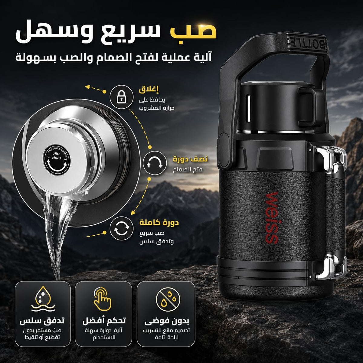 Water Bottle 3L, 316 Stainless Steel Vacuum Insulated Large Flask with Leakproof Lid, 24-Hour Cold Retention for Hot and Cold Drinks, Camping, Office and Home, F-1523, Black - image 6