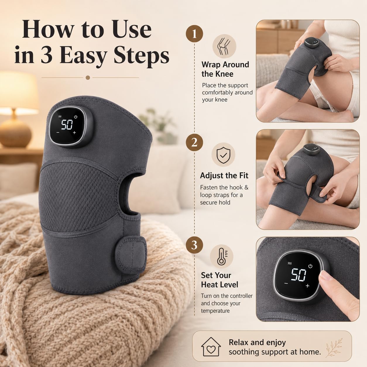 Knee Massager with Heat and Vibration, Cordless Adjustable Wrap with Easy Controls for Daily Comfort and Relaxation at Home, Office and Travel - image 5