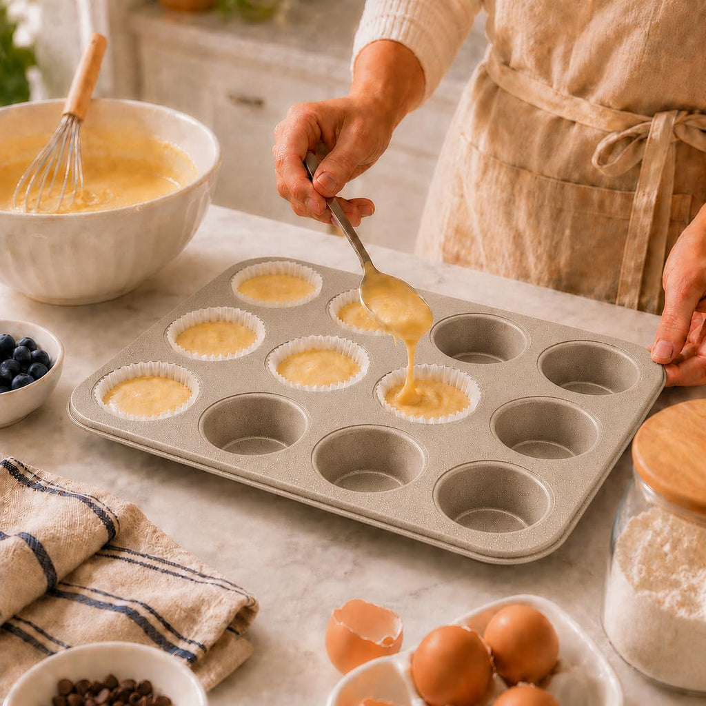 Muffin Pan 12 Cup, Nonstick Reusable Cupcake Baking Tray for Muffins, Mini Cakes, Egg Bites and Individual Desserts, 35 × 26cm, KK-24 (Silver) - image 5