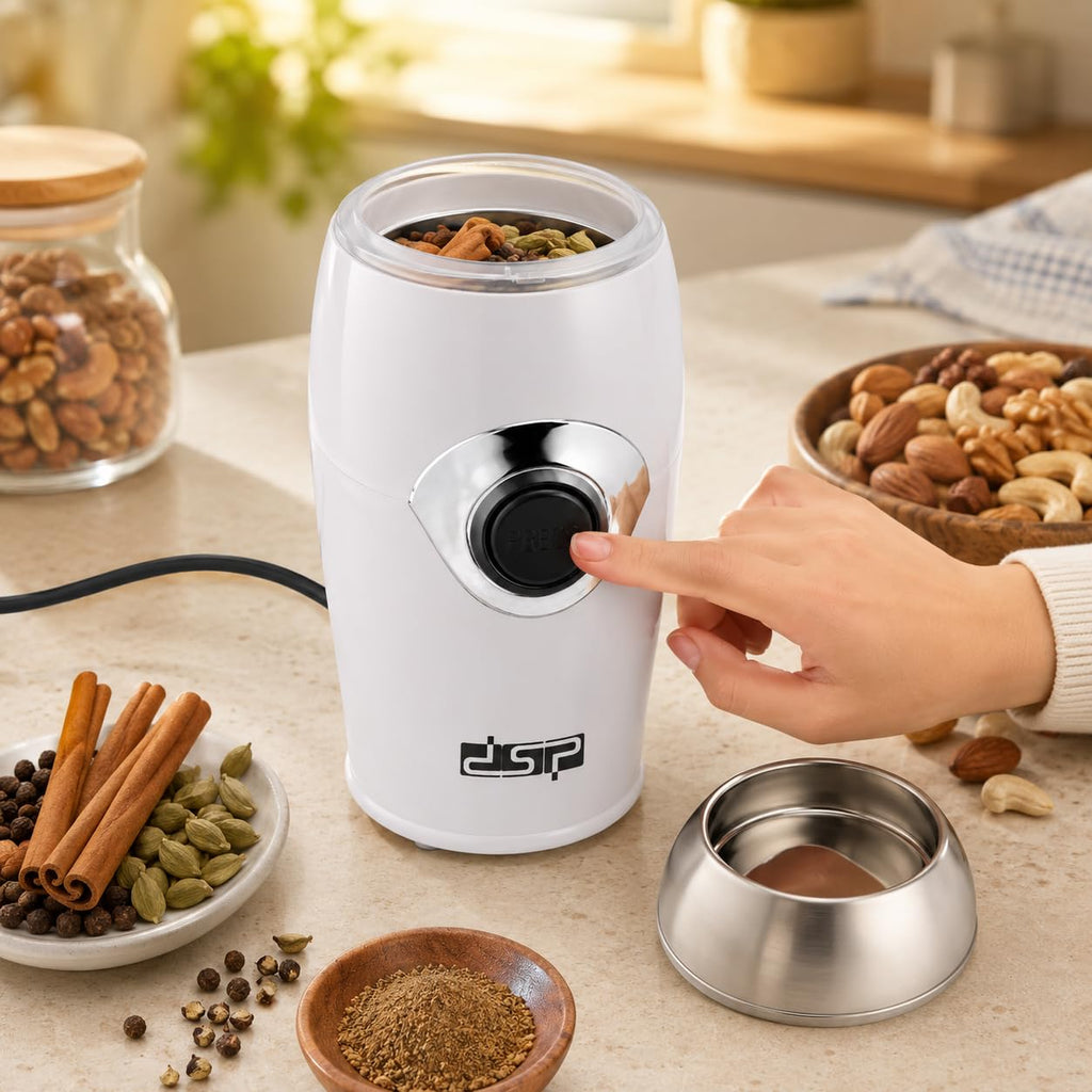 Electric Coffee Grinder 200W, Stainless Steel Bowl and Blades with Pure Copper Motor and Safety Lid Lock for Coffee Beans, Spices, Nuts and Seeds, KA3002 (White) - image 7