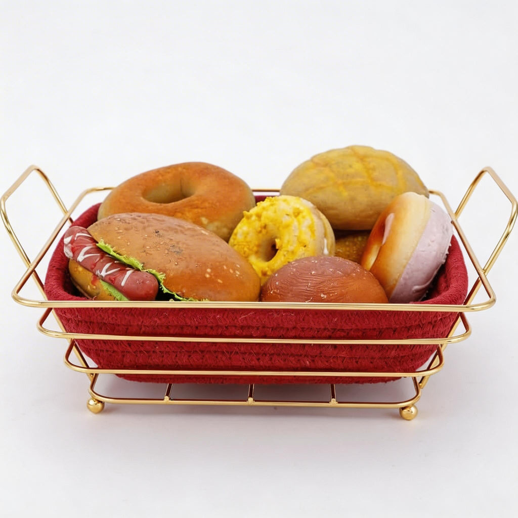 Bread Basket Metal Gold Wire Serving Basket with Removable Fabric Liner, Kitchen Countertop Organizer for Bread Fruit Vegetables Snacks (Red) - image 6