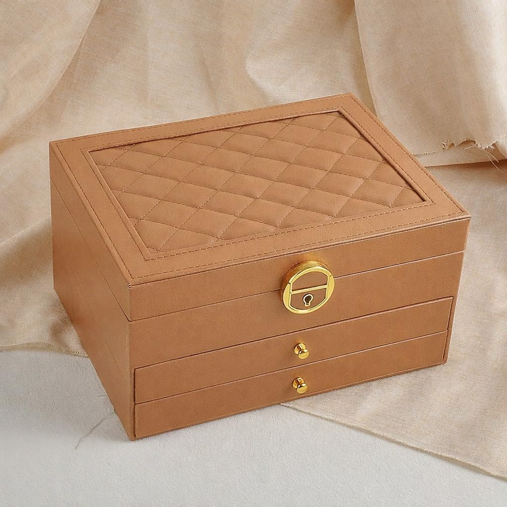 Jewelry Organizer Box 3-Layer Lockable Travel Jewelry Case, Multi-Compartment Accessories Storage for Earrings Rings Bracelets Watches, X-559 (Brown) - image 1