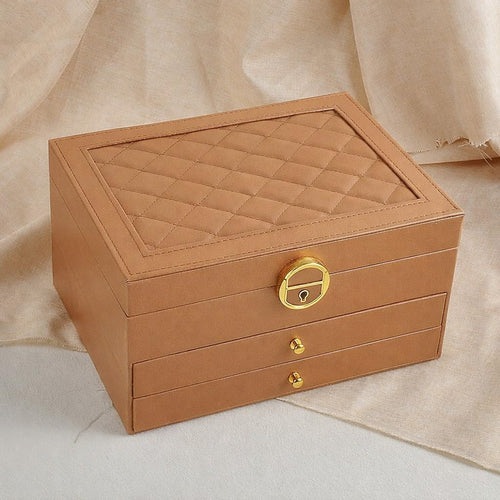 Jewelry Organizer Box 3-Layer Lockable Travel Jewelry Case, Multi-Compartment Accessories Storage for Earrings Rings Bracelets Watches, X-559 (Brown)