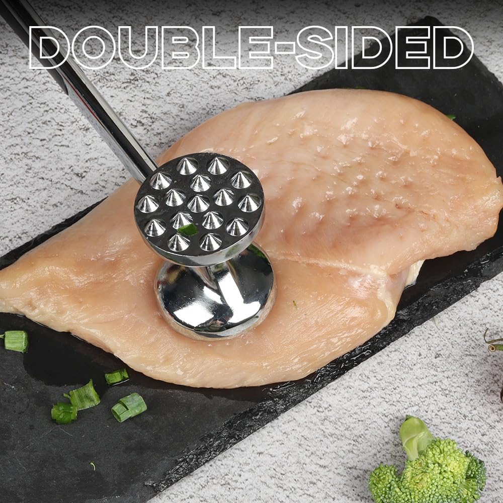Meat Tenderizer Hammer, Stainless Steel Double-Sided Meat Mallet with Textured and Flat Heads for Steak, Chicken, Schnitzel, Cutlets and Nuts, Silver - image 2