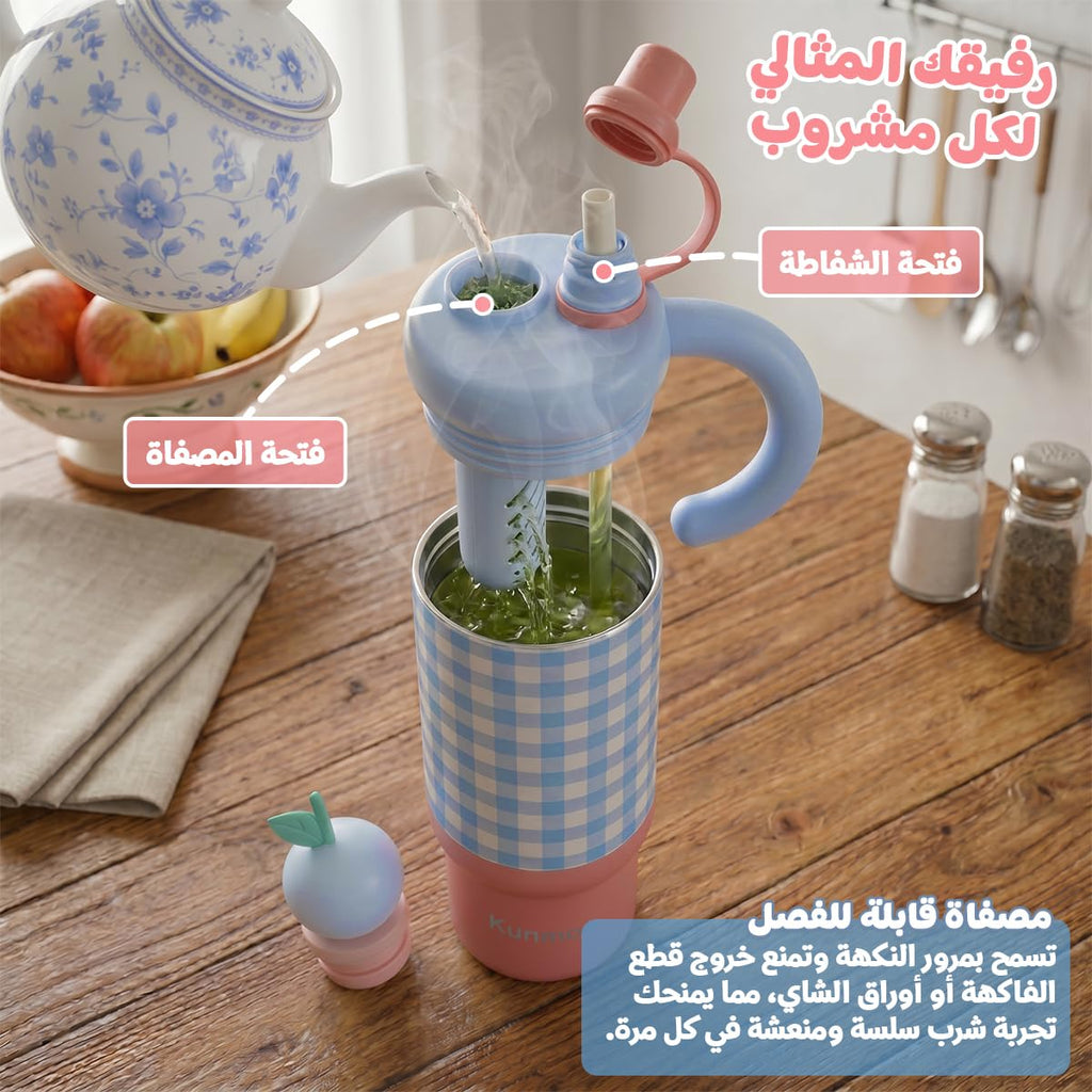 Water Bottle 800ml, Double-Wall Stainless Steel Travel Mug with Straw, Carry Handle, Strainer and Leakproof BPA-Free Lid for Hot and Cold Drinks, F-1531, Blue - image 3