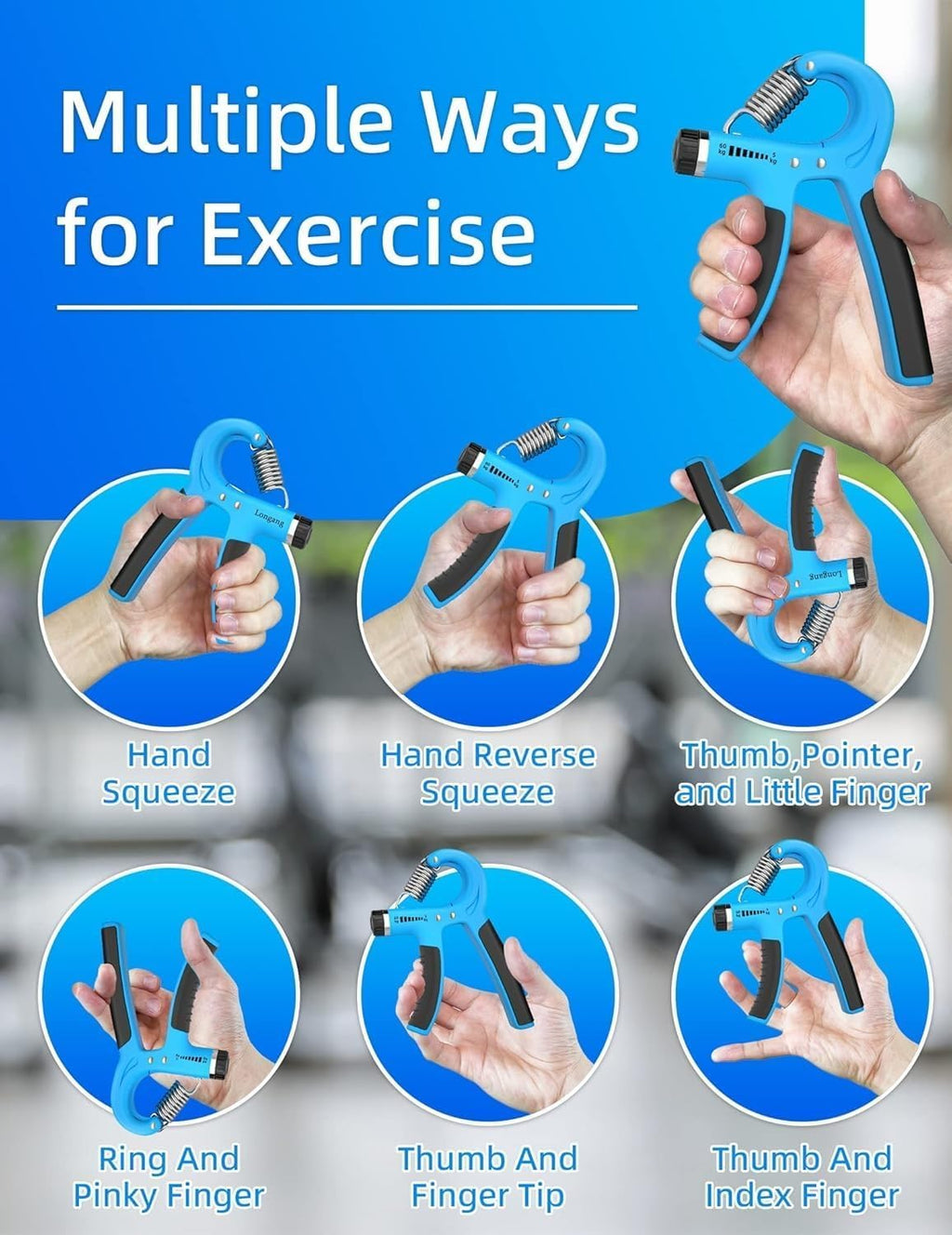Hand Grip Strengthener Set, 5-Piece Adjustable Resistance Forearm and Finger Exerciser Kit with Hand Gripper, Finger Stretcher, Grip Ring and Squeeze Ball (Blue) - image 3