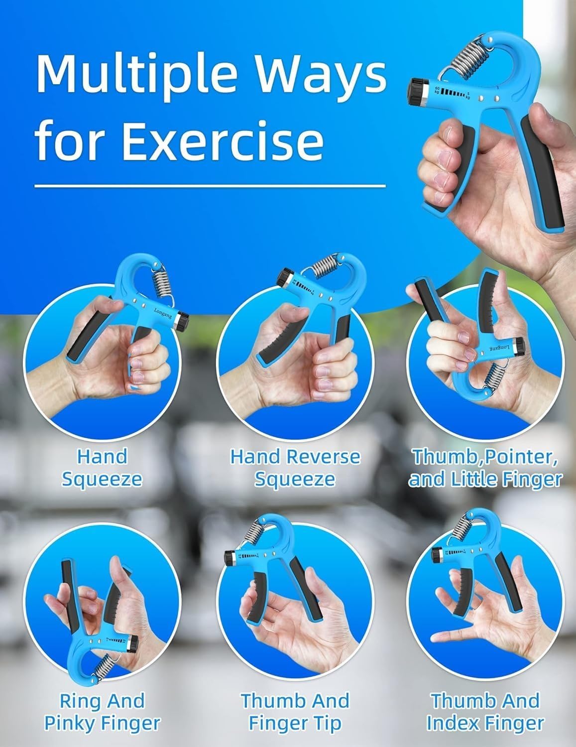 Hand Grip Strengthener Set, 5-Piece Adjustable Resistance Forearm and Finger Exerciser Kit with Hand Gripper, Finger Stretcher, Grip Ring and Squeeze Ball (Blue) - image 3