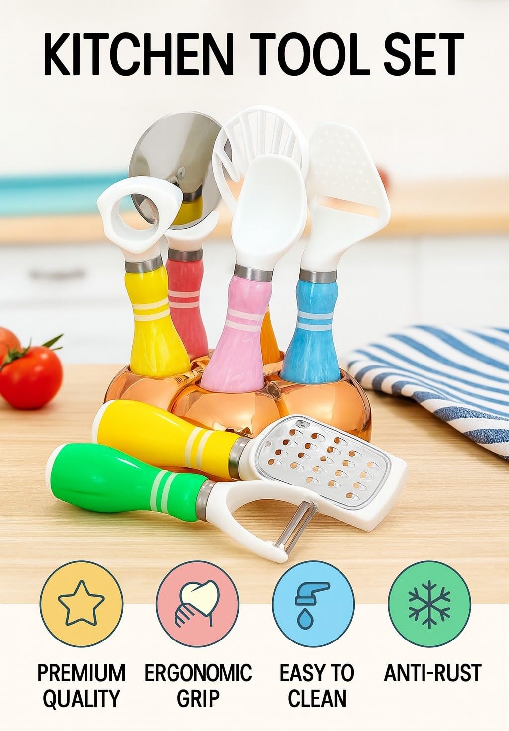 Kitchen Utensil Set with Holder, 8-Piece Stainless Steel Cooking Tools with Vegetable Peeler, Cheese Grater, Can Opener and Pizza Cutter, Space-Saving Kitchen Gadgets (Multicolour) - image 2