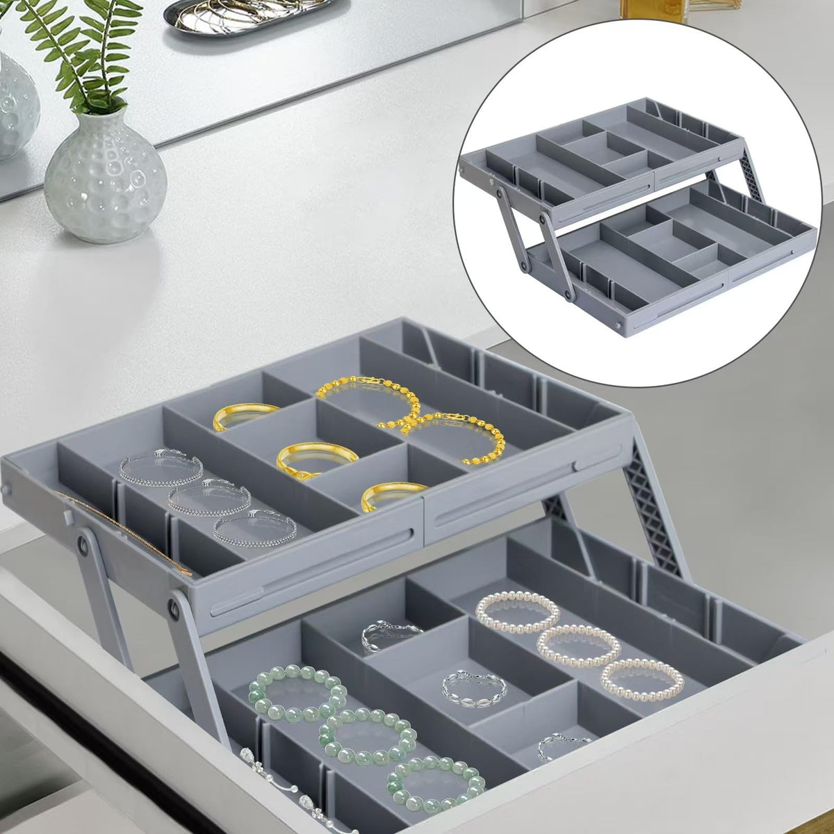 Drawer Organizer 2 Tier Folding Storage Drawers for Makeup and Jewelry, Desktop Desk Organizer for Office Supplies, Smart Space Saver for Kitchen Counter and Vanity - image 2