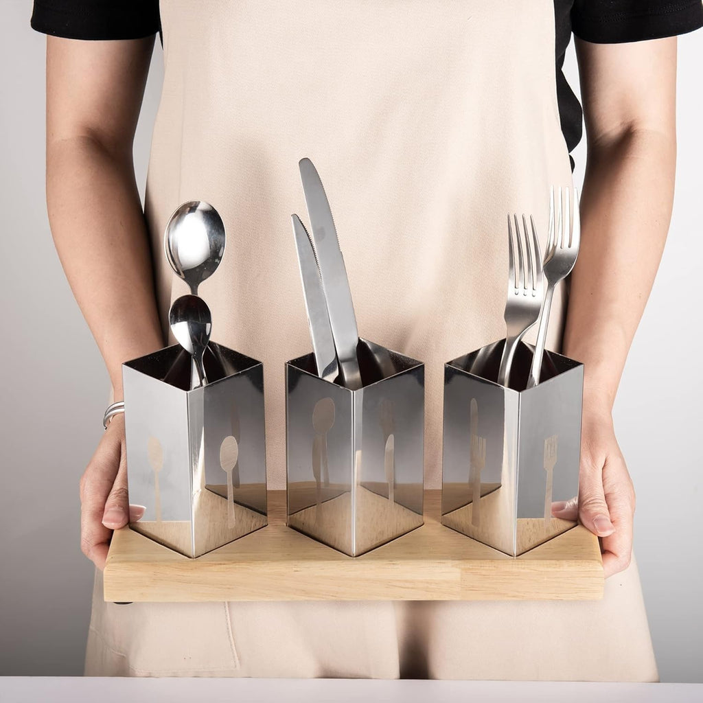 Utensil Holder Set 3 Pcs Stainless Steel Cutlery Organizer with Bamboo Base, Flatware Caddy for Forks, Knives and Spoons, Kitchen Countertop and Dining Table - image 4