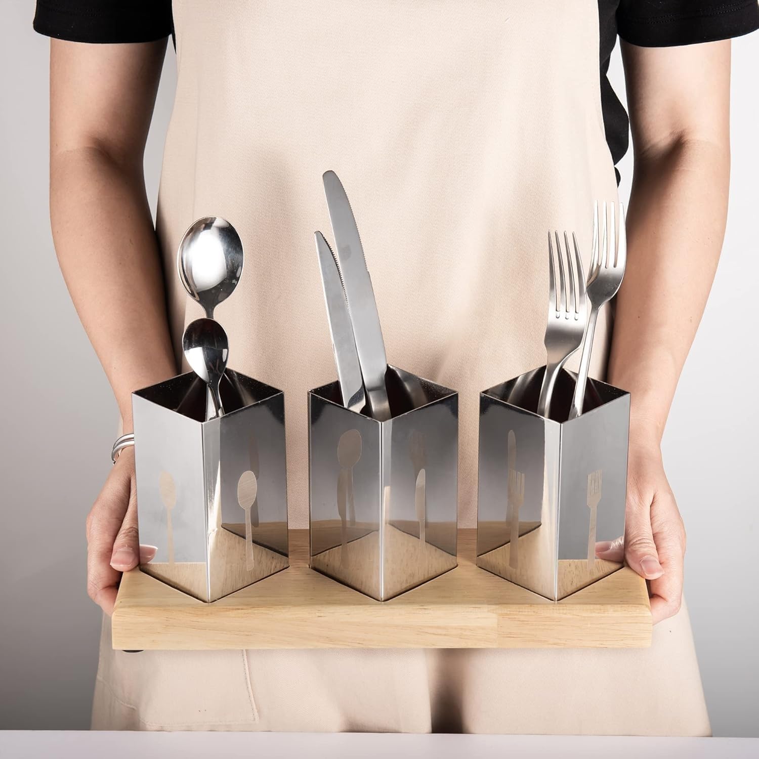Utensil Holder Set 3 Pcs Stainless Steel Cutlery Organizer with Bamboo Base, Flatware Caddy for Forks, Knives and Spoons, Kitchen Countertop and Dining Table - image 4