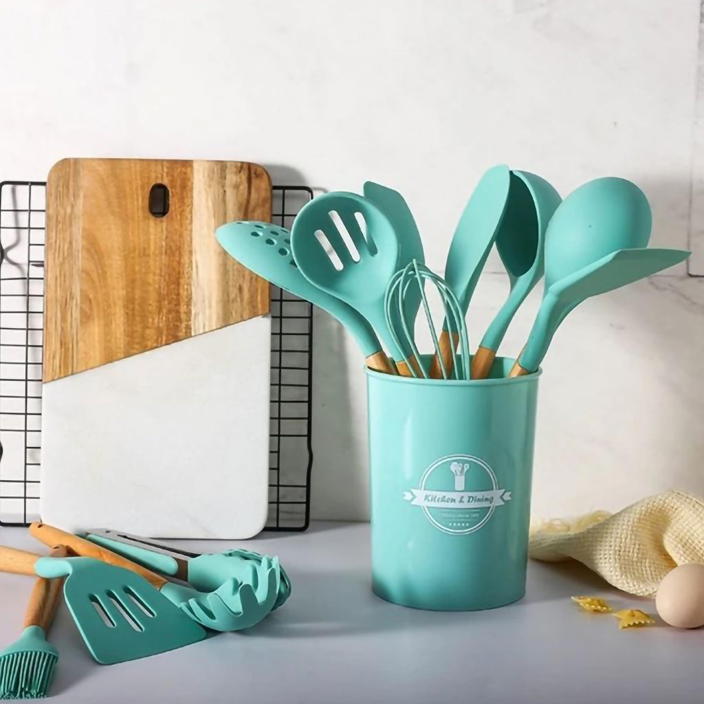 Silicone Kitchen Utensils Set 12 Pieces with Holder, Heat-Resistant Non-Scratch Cooking Tools for Non-Stick Cookware, Mixing, Serving and Food Preparation, Green - image 6