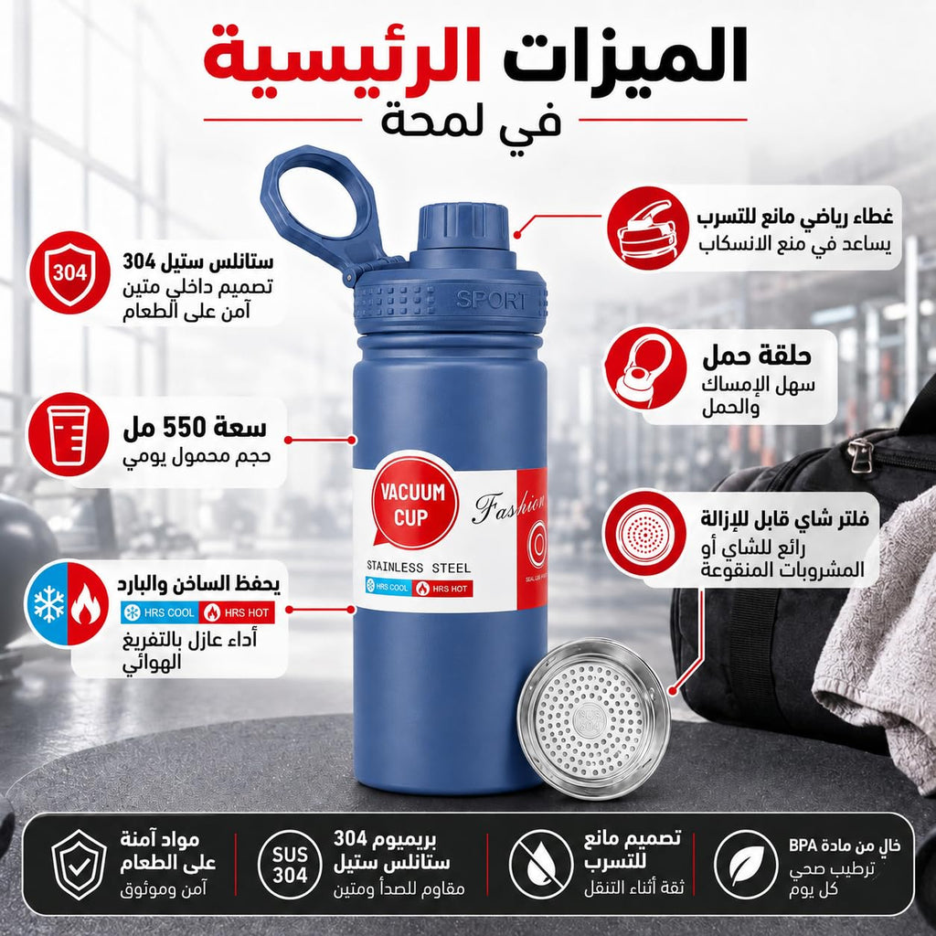 Water Bottle 550ml 304 Stainless Steel Vacuum Insulated Flask, BPA-Free Leak-Proof for Hot Cold Drinks Travel Gym School Office, F-742, Blue - image 3