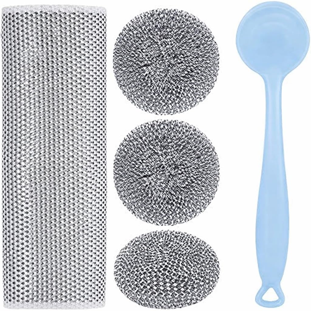 Dish Scrubber With Long Handle Stainless Steel Scrub Sponge Steel Wire Brush Set 8 Pcs Durable Dishwashing And Pot Cleaning Tool Comfortable Grip (Blue) - image 1
