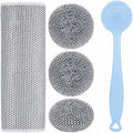 Dish Scrubber With Long Handle Stainless Steel Scrub Sponge Steel Wire Brush Set 8 Pcs Durable Dishwashing And Pot Cleaning Tool Comfortable Grip (Blue) - image 1