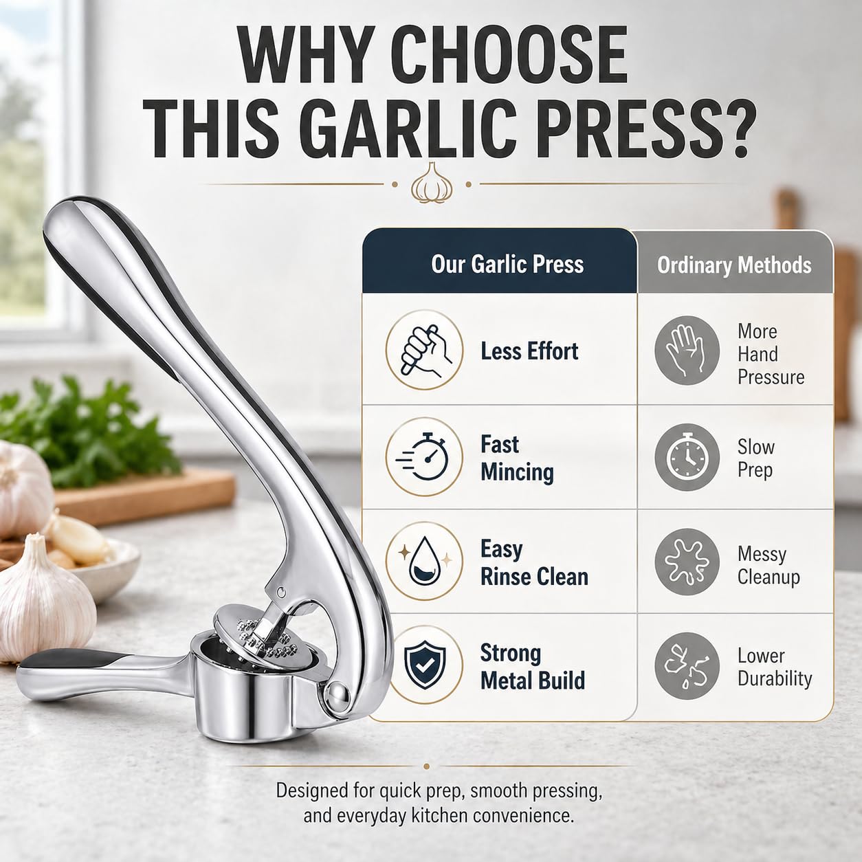 Garlic Press, Stainless Steel Manual Garlic Crusher and Mincer with Ergonomic Handle, Easy-Clean Kitchen Tool for Garlic Cloves, XD-81 - image 4
