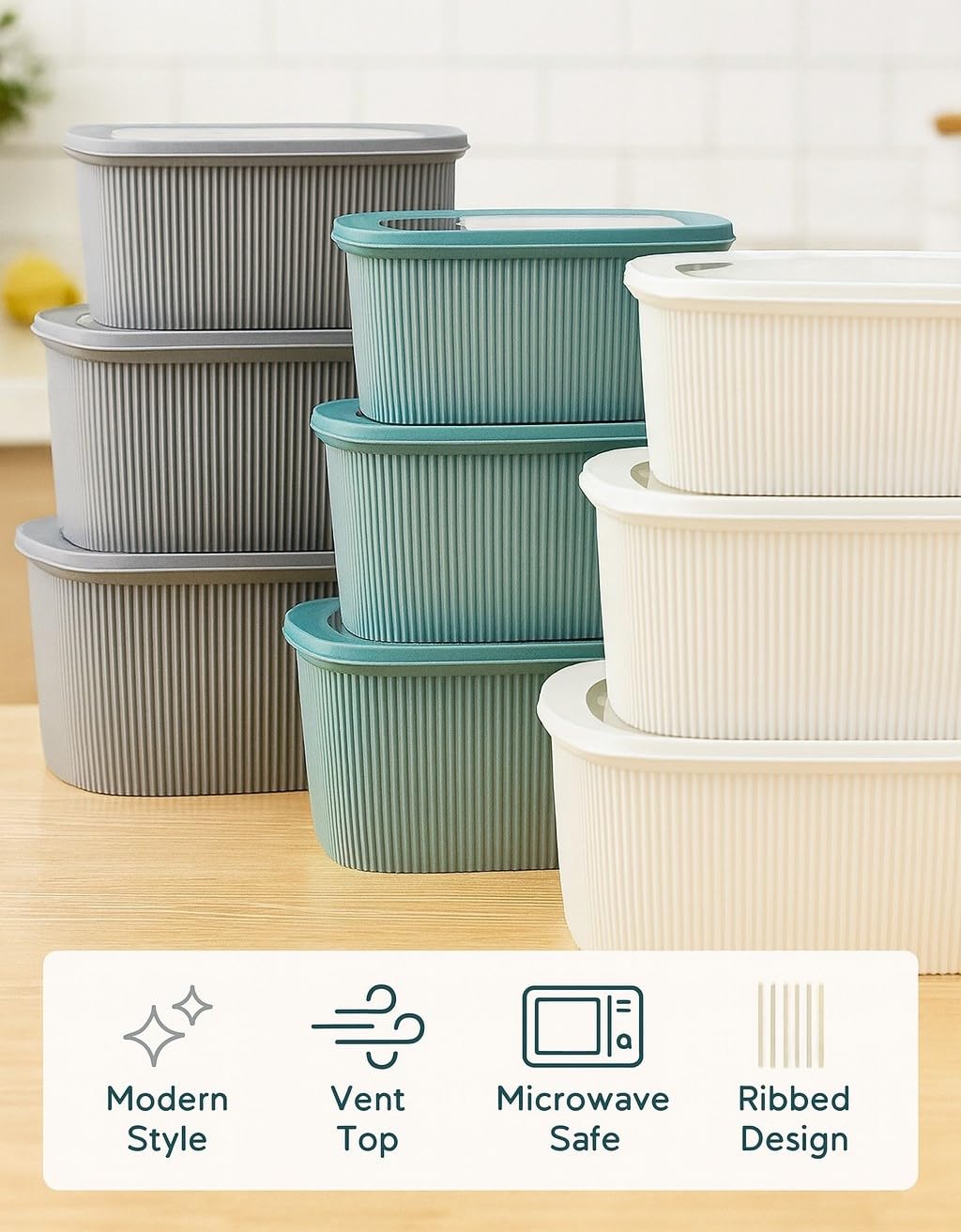 Food Storage Containers Set, 3-Piece White Plastic Kitchen Organiser for Snacks, Dry Food, Leftovers, Refrigerator, Pantry and Cabinet (White) - image 2