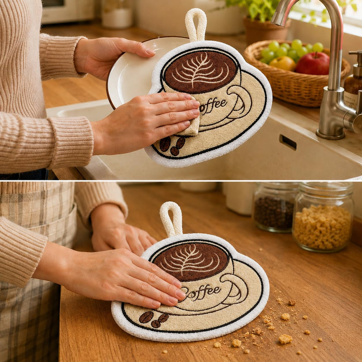 Kitchen Towel, Soft Absorbent Microfiber Hand and Dish Cloth with Hanging Loop for Drying, Wiping Counters, Sinks and Kitchen Surfaces, Coffee Cup Design, J-457B, Coffee Cup - image 7