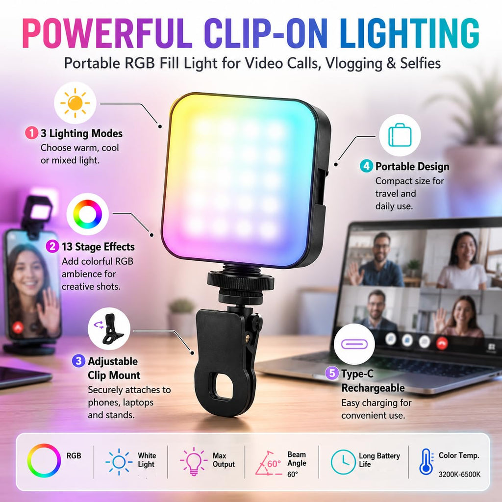 RGB Selfie Light with Clip, Portable LED Fill Light for Phone, Laptop and Tablet, 3 Modes, 13 Effects for Video Calls, Selfies, Vlogging and Live Streaming, AY-83 - image 3