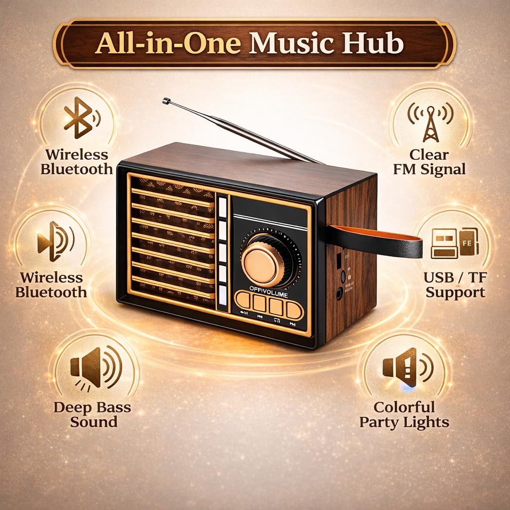 Bluetooth Speaker with FM Radio, Portable Wireless Speaker with RGB Light, Hands-Free Calling, AUX Input, TF Card Support and High-Sensitivity Antenna (Wooden) - image 4