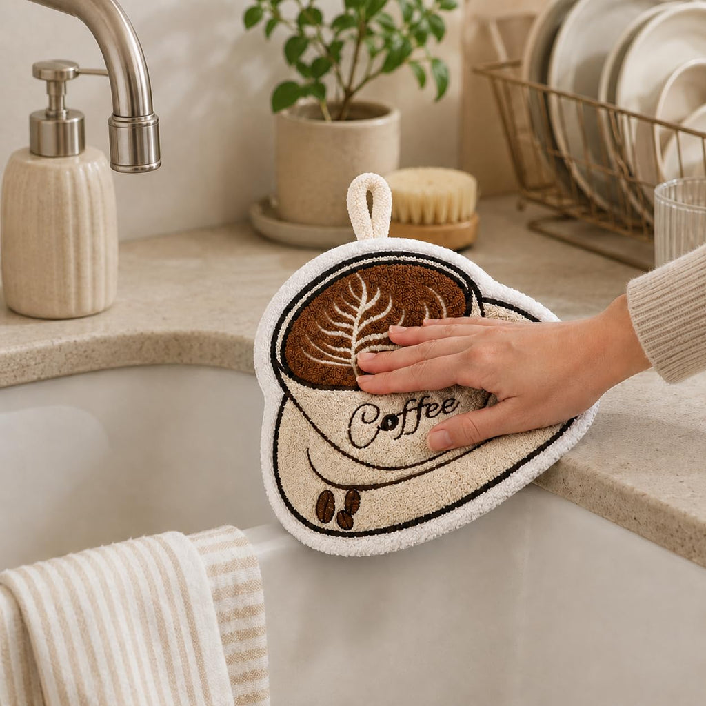 Kitchen Towel, Soft Absorbent Microfiber Hand and Dish Cloth with Hanging Loop for Drying, Wiping Counters, Sinks and Kitchen Surfaces, Coffee Cup Design, J-457B, Coffee Cup - image 8