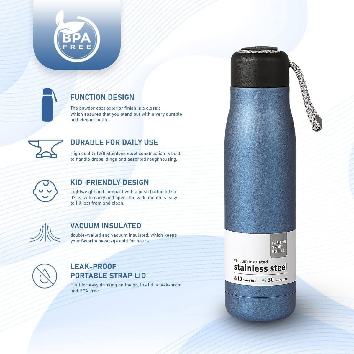 Water Bottle 500ml Stainless Steel Vacuum Insulated Thermal Flask, Double-Wall Leak-Proof Wide-Mouth BPA-Free for Hot Cold Drinks Gym Travel, Blue - image 2