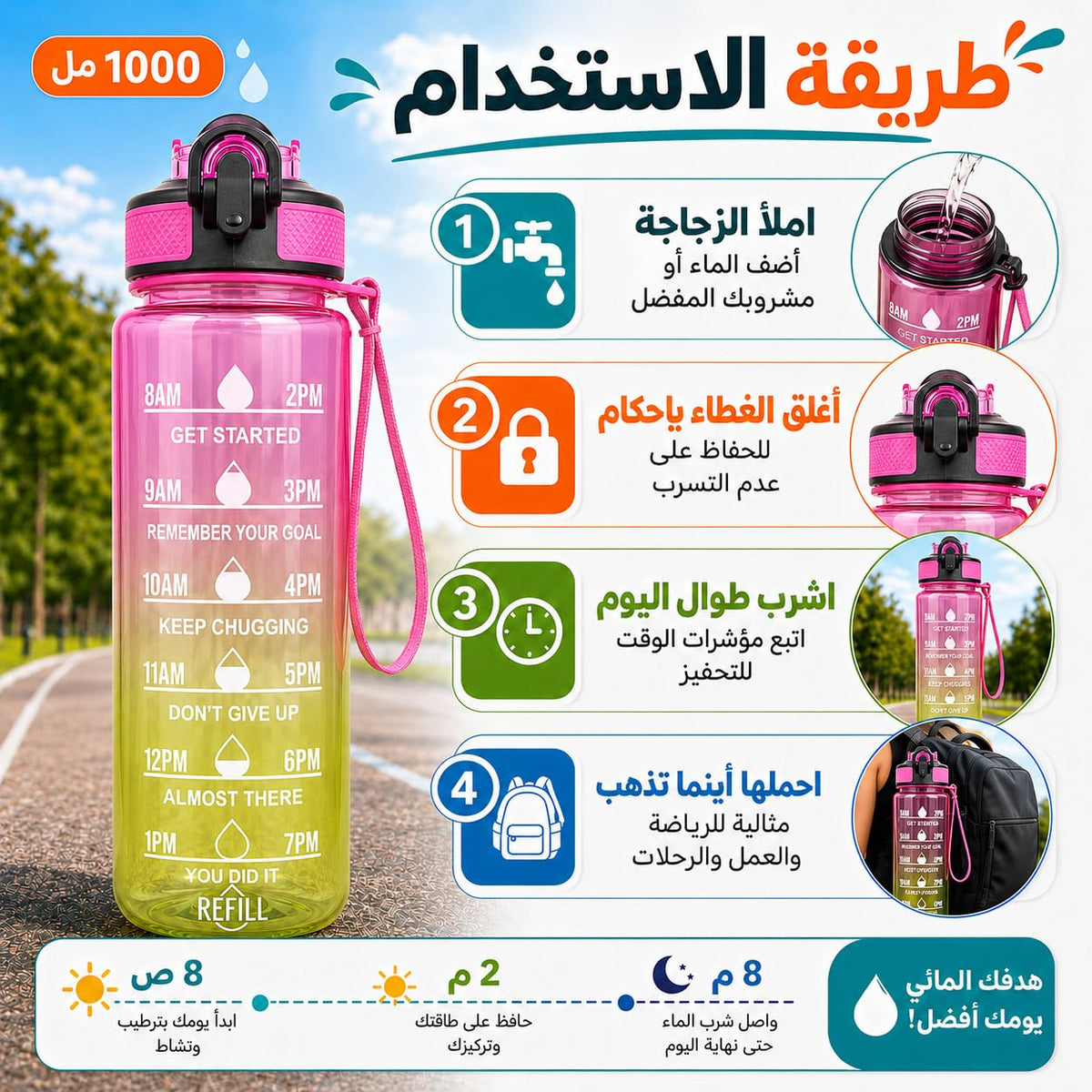 Water Bottle 1L with Time Markings and Carry Handle, Leak-Resistant Reusable Sports Bottle for Gym, Fitness, Work, School, Travel and Outdoor Use, FL-1263, Pink & Yellow - image 5