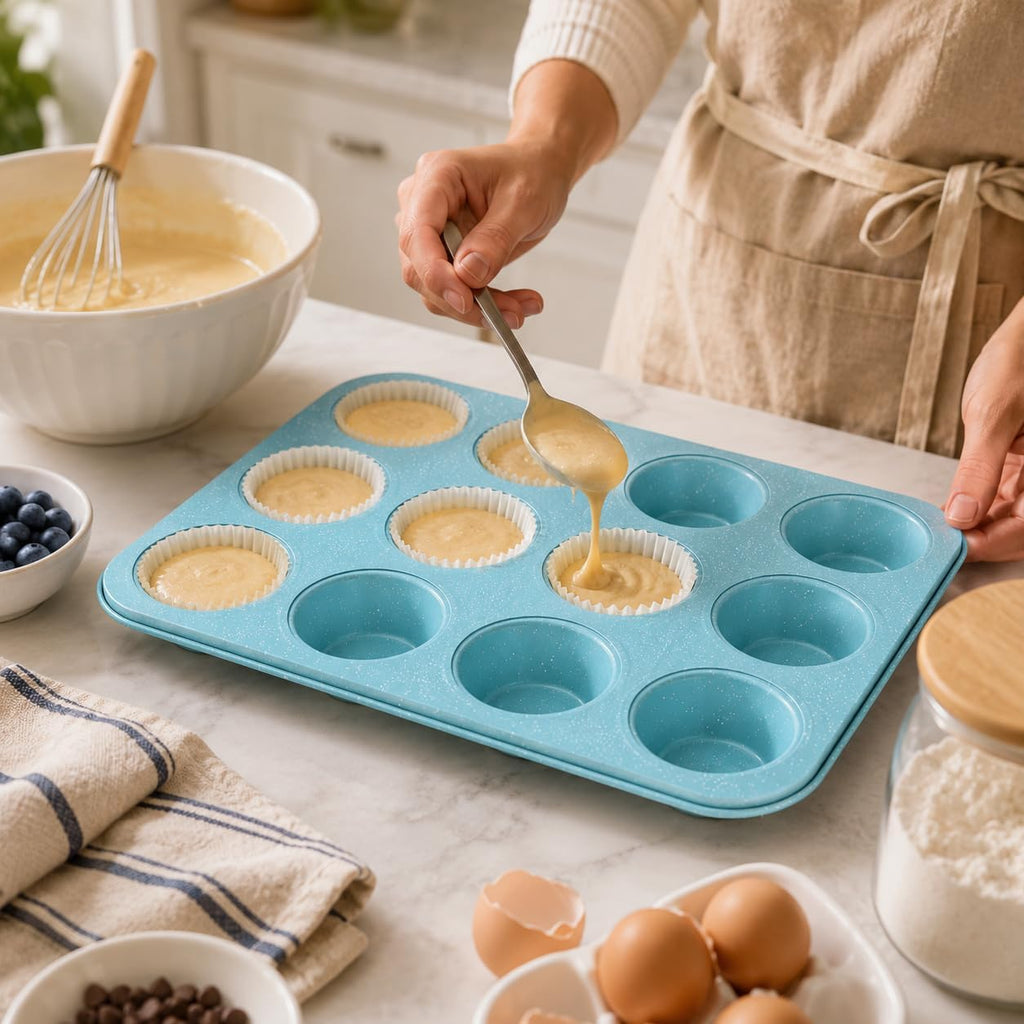 Muffin Pan, 12-Cup Non-Stick Cupcake Baking Tray for Muffins, Cupcakes, Cheesecakes and Desserts, Reusable Oven Bakeware, KK-24 (Blue) - image 5
