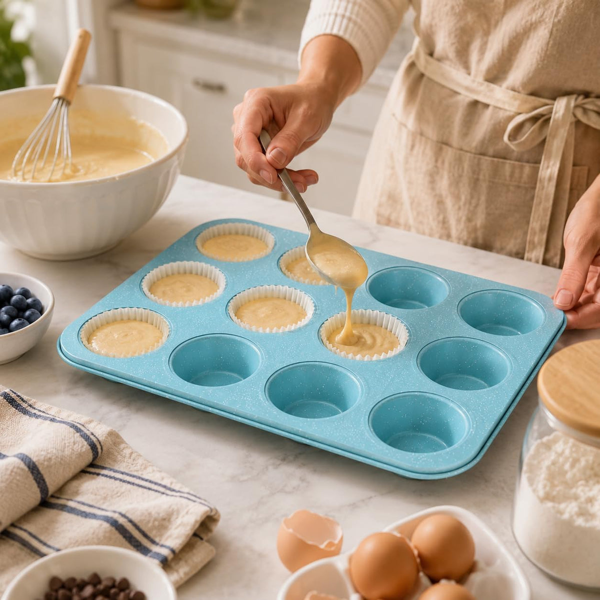 Muffin Pan, 12-Cup Non-Stick Cupcake Baking Tray for Muffins, Cupcakes, Cheesecakes and Desserts, Reusable Oven Bakeware, KK-24 (Blue) - image 5